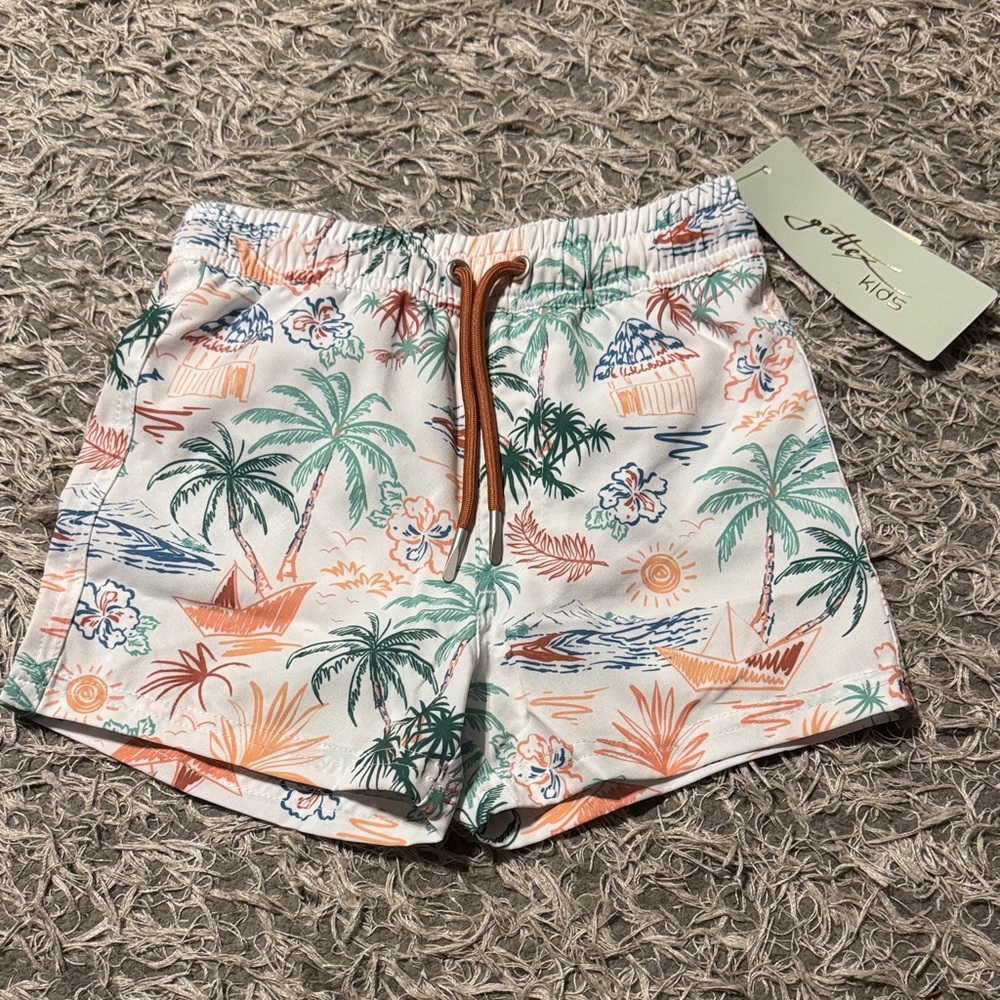 GOTTEX KIDS Tropical Print Swim Shorts in White with Green & Orange